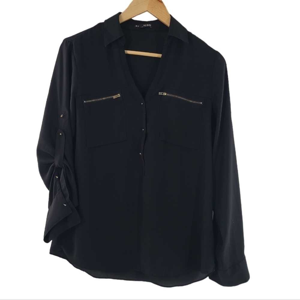 Express Semi Sheer Blouse Button Front Roll Tab Sleeve Hi Lo Hem Black & Gold MD